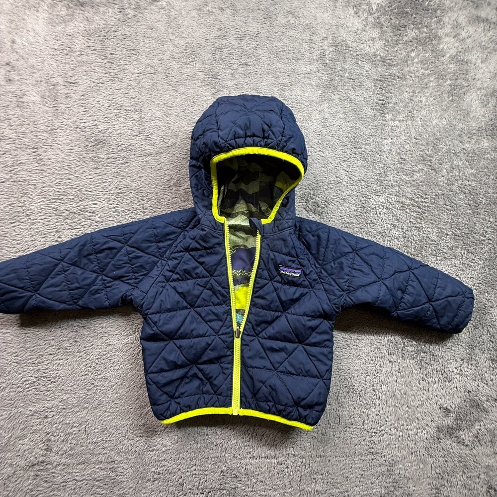 Patagonia Reversible Puff Ball Jacket 2T Navy Camo Yellow Quilted Hooded Zip - Picture 2 of 8